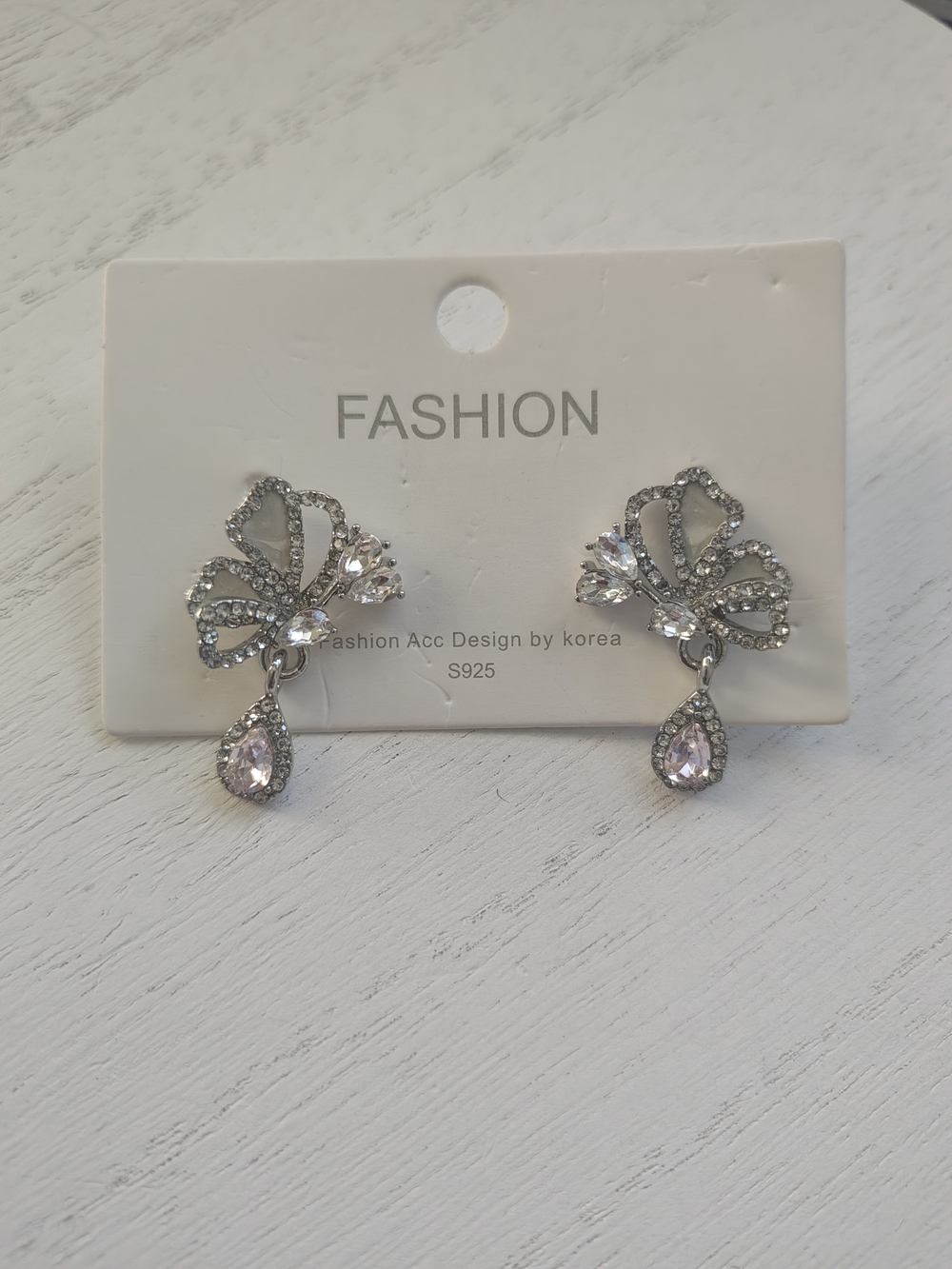 Silver Crystal Bow Drop Earrings